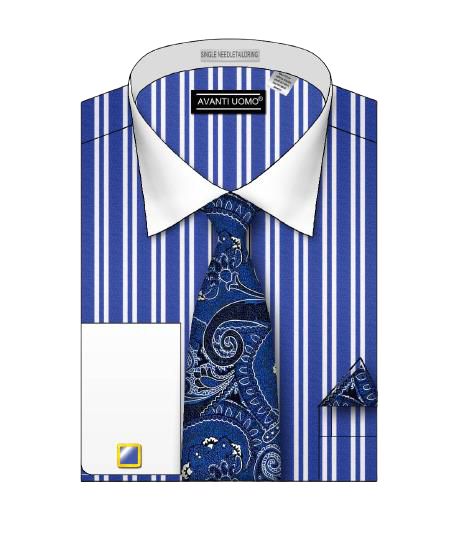 Avanti Uomo Men's Double Striped White Collar Dress Shirt DS3823P2 Royal Blue - Perfect for Business Meetings & Formal Occasions