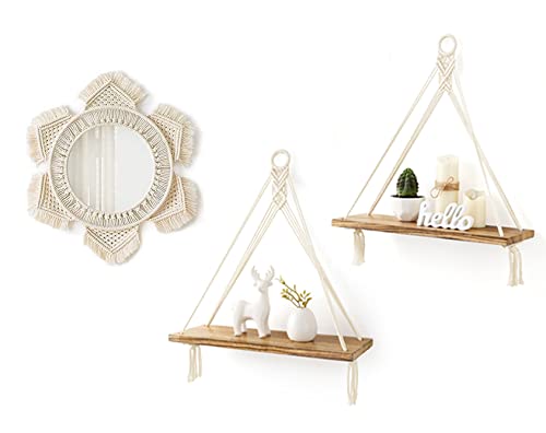 Mkono Macrame Wall Decor Set - 3 Piece Boho Hanging Wall Mirror with 2 Wood Floating Shelves for Bedroom, Bathroom, Living Room, Nursery & Dorm | Stylish Storage & Home Organization Solution