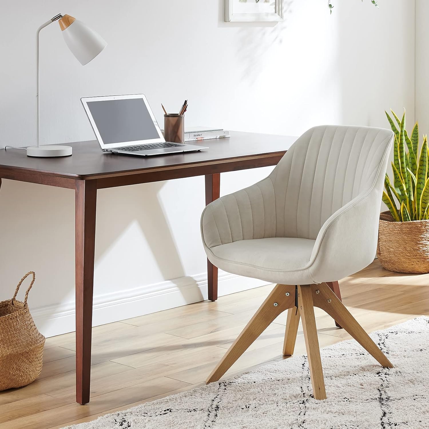 Art Leon Mid Century Modern Swivel Accent Chair with Solid Oak Wood Legs - No Wheels Desk Armchair in Off White | Perfect for Home Office, Living Room & Reading Nook