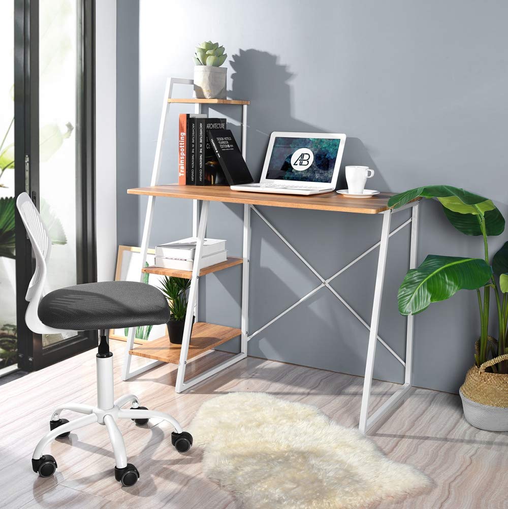 4-Tier Storage Shelf Computer Desk in Beech Wood - Space-Saving Organizer for Home Office, Study, and Workspace