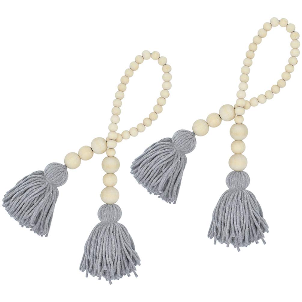 VOSAREA 2Pcs Wood Bead Garland with Tassels - Rustic Baby Nursery Decor, Farmhouse Wall Hanging, Prayer Beads for Bedroom, Norse Inspired Home Ornaments | Perfect for Nursery, Wedding, Boho Room & Scandinavian Style Decorations