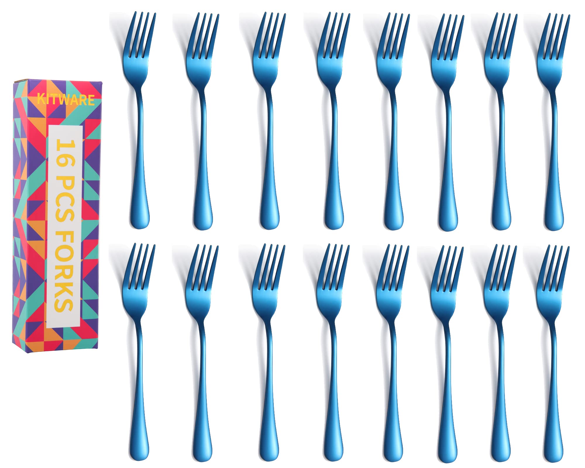 Premium 16-Piece Stainless Steel Dinner Forks Set - 8 Inch Blue Silverware for Home & Restaurant Use - Durable Tableware for Everyday Meals, Parties & Fine Dining (Hand Wash Recommended)