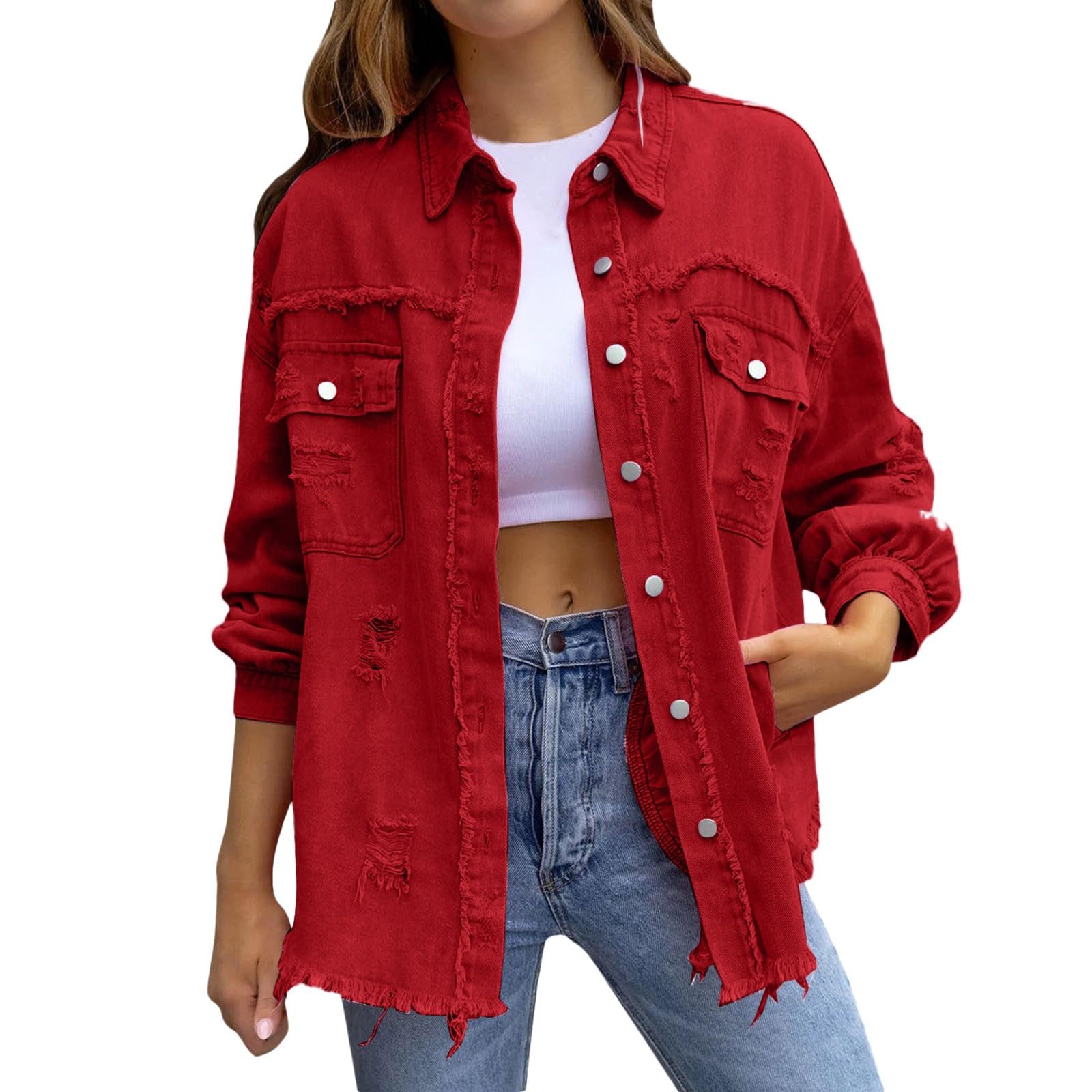 **Women's Long Denim Shacket – Distressed Cowgirl Jacket for Western Style, Airport Outfits & School Fashion | 2024 Trendy Jean Jacket for Casual & Boho Looks**