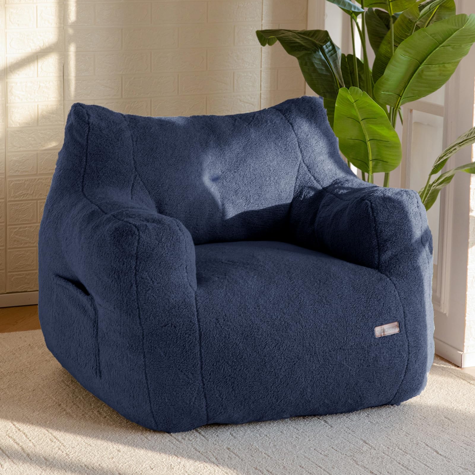 MAXYOYO Tufted Boucle Fabric Bean Bag Chair - Ultra Comfortable Lazy Sofa with Filler for Adults & Teens (Navy Blue) - Perfect for Living Rooms, Bedrooms & Game Rooms