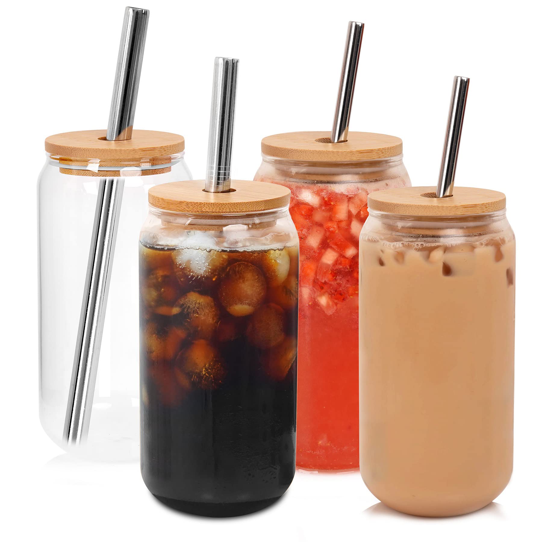 20oz Reusable Beer Can Glass with Bamboo Lid & Straw - Set of 4 Iced Coffee Cups, Boba Tea Glasses for Cocktails, Juice & Cold Drinks - Perfect for Travel, Camping, Home & Office Use - BPA-Free Dishwasher Safe Drinking Glasses