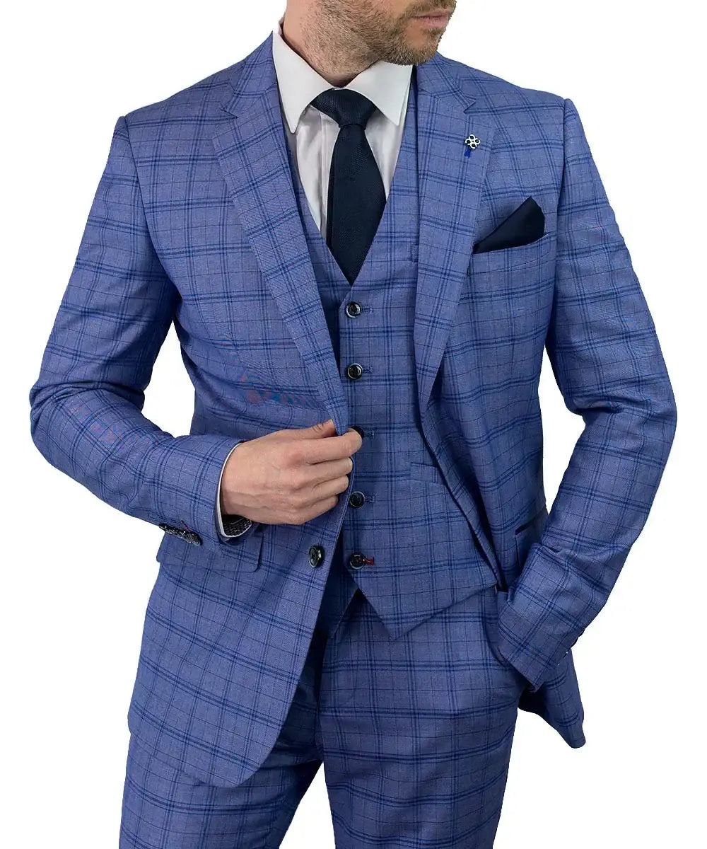 Cavani Tamara Blue Check Tailored Fit 3 Piece Suit for Men - Size 36R Jacket with 32R Trousers | Formal Business Attire, Wedding & Special Occasion Outfit