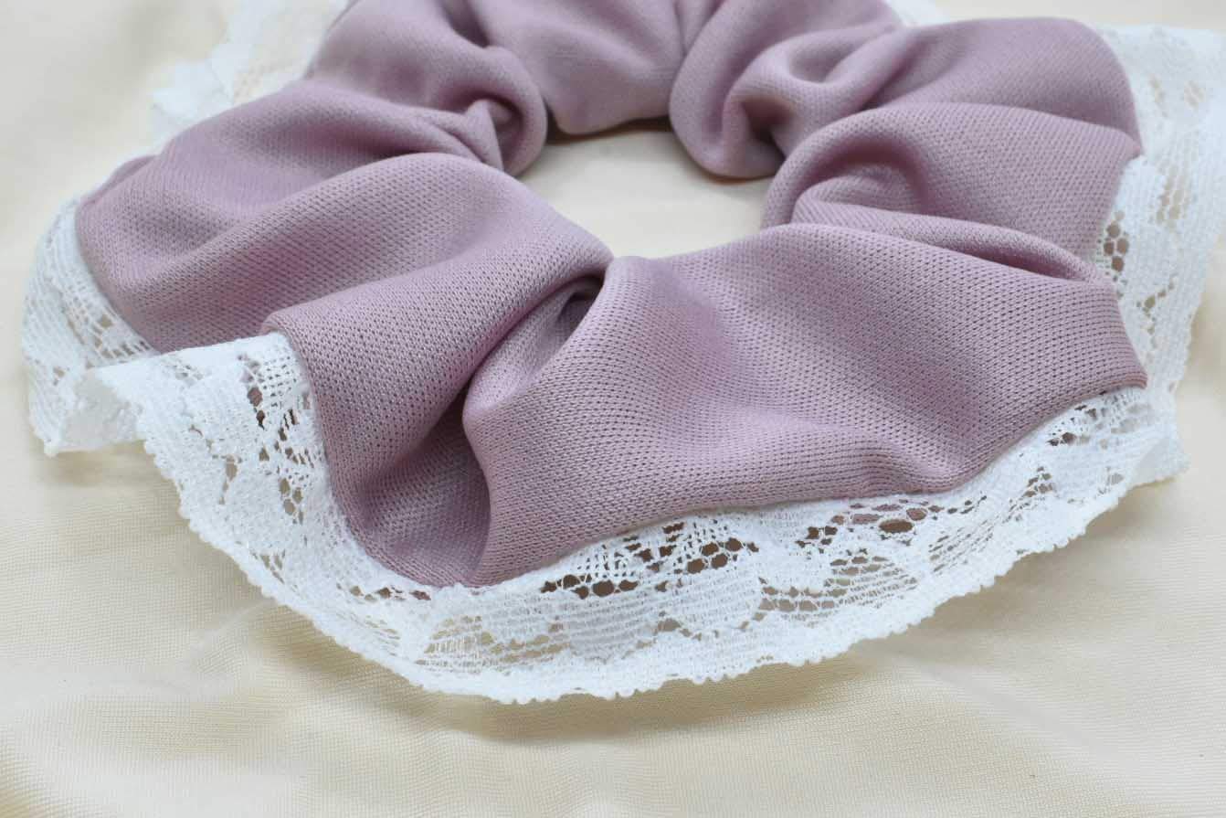 Handmade Dusty Rose Pink Lace Scrunchie Hair Tie - Elegant Hair Accessory for Weddings, Parties & Everyday Style