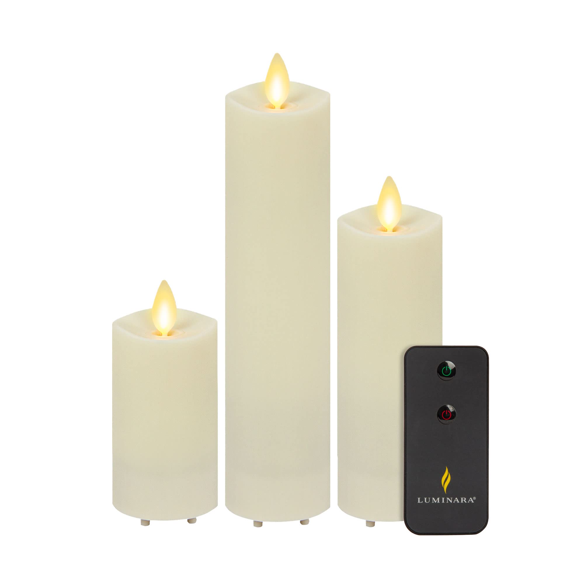 Luminara Outdoor Slim Pillar Flameless LED Candles - Set of 3 Ivory Battery-Operated Candles with Realistic Moving Flame, Weather Resistant, Remote Control & Timer - Perfect for Patio, Garden, Wedding Decor & Home Ambiance