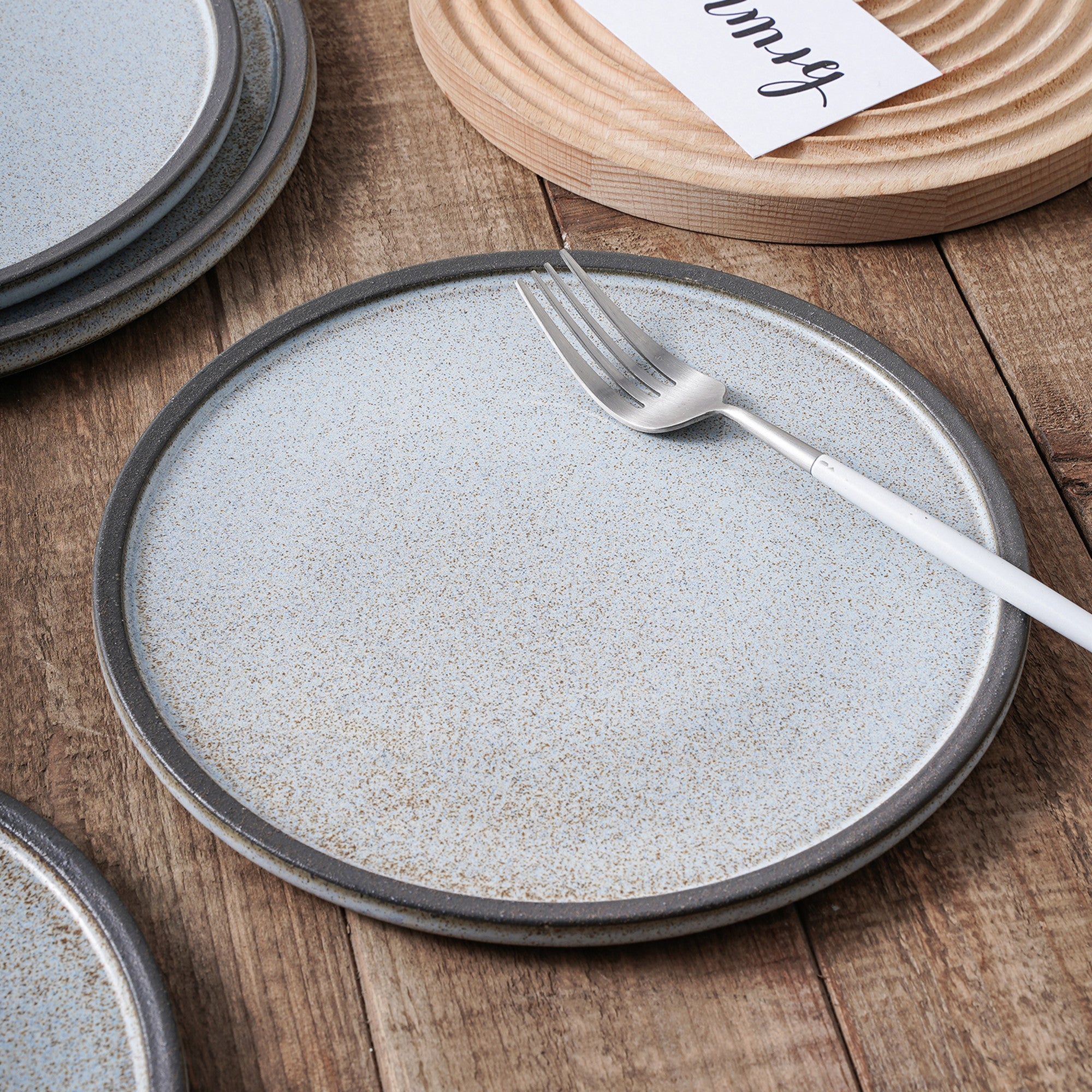Vince Stoneware Dinner Plate Set - Gray, Green, Blue Ceramic Plates for Everyday Dining & Entertaining | Microwave & Dishwasher Safe