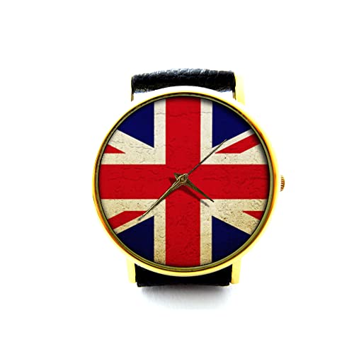 UK Flag Leather Watch - Handmade Genuine Leather Bracelet Watch for Men & Women - Perfect for British Pride, Gifts & Fashion Accessories