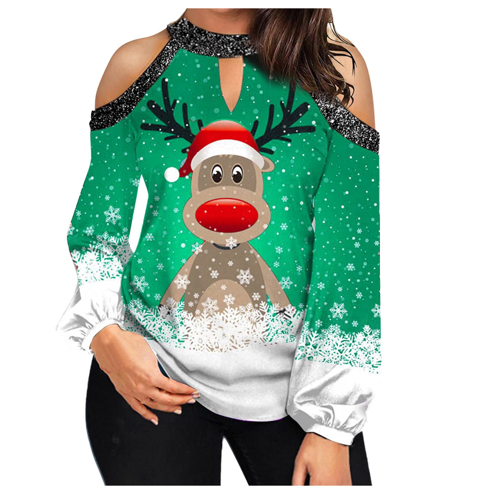 Women's Off Shoulder Christmas Tops - Casual Long Sleeve Pullover Blouse for Holiday Parties & Festive Gatherings