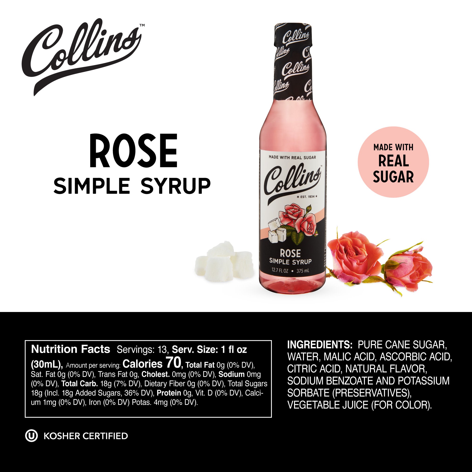 Organic Rose Simple Syrup 12.7 oz (375ml) - Floral Cocktail Mixer, Dessert Topping & Tea Sweetener for Baking, Coffee & Mocktails