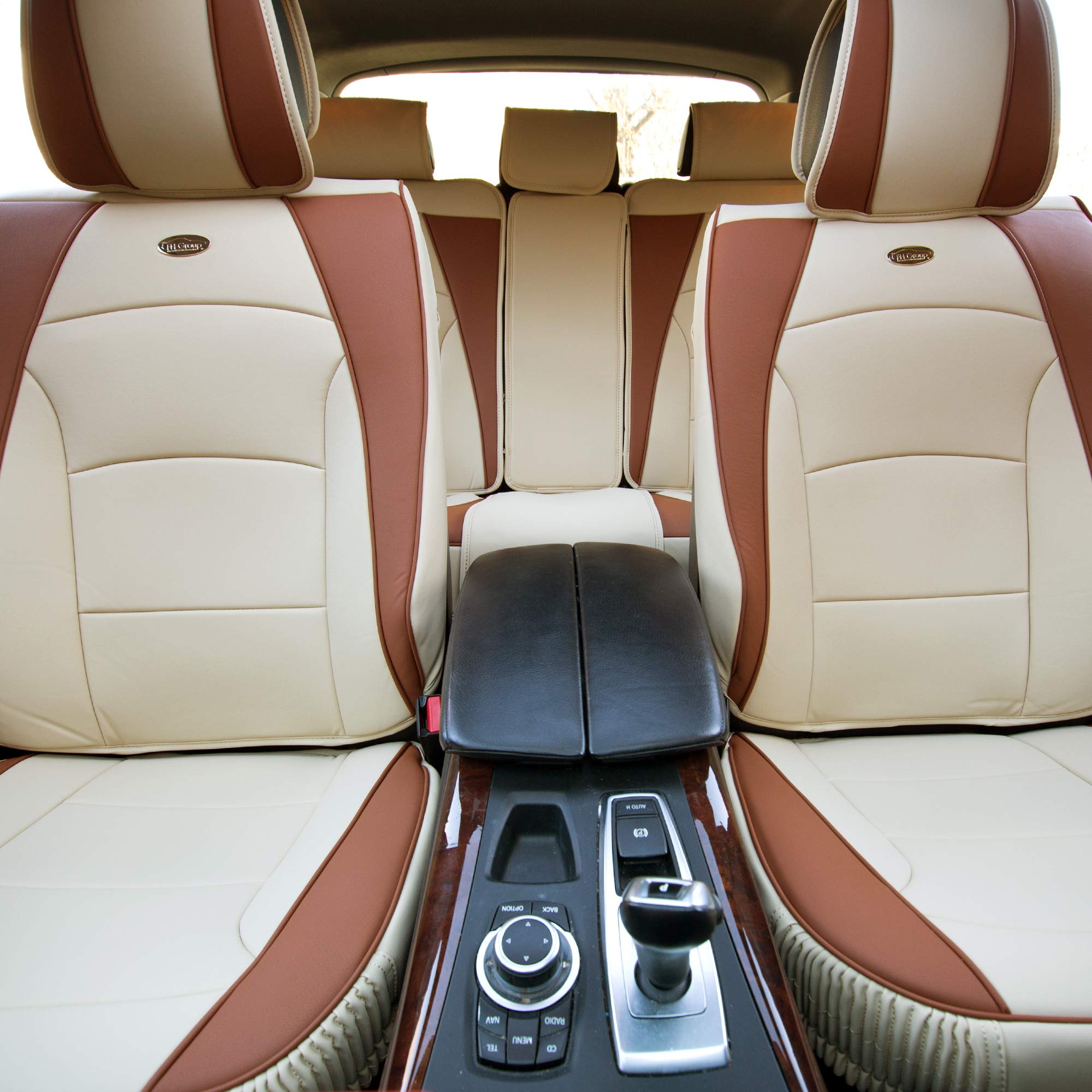 TLH Ultra Comfort Leatherette Beige Tan Car Seat Cushions Set with Non-Slip Dash Mat - Universal Fit for Cars, Trucks & SUVs | Faux Leather Waterproof Seat Covers for Driving Comfort & Long Trips