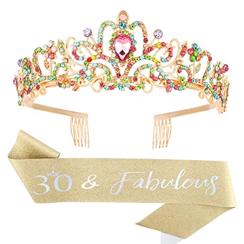 30th Birthday Sash & Tiara Set for Women - Gold '30 & Fabulous' Birthday Decorations - Perfect for 30th Birthday Party, Bachelorette, Milestone Celebration Gifts
