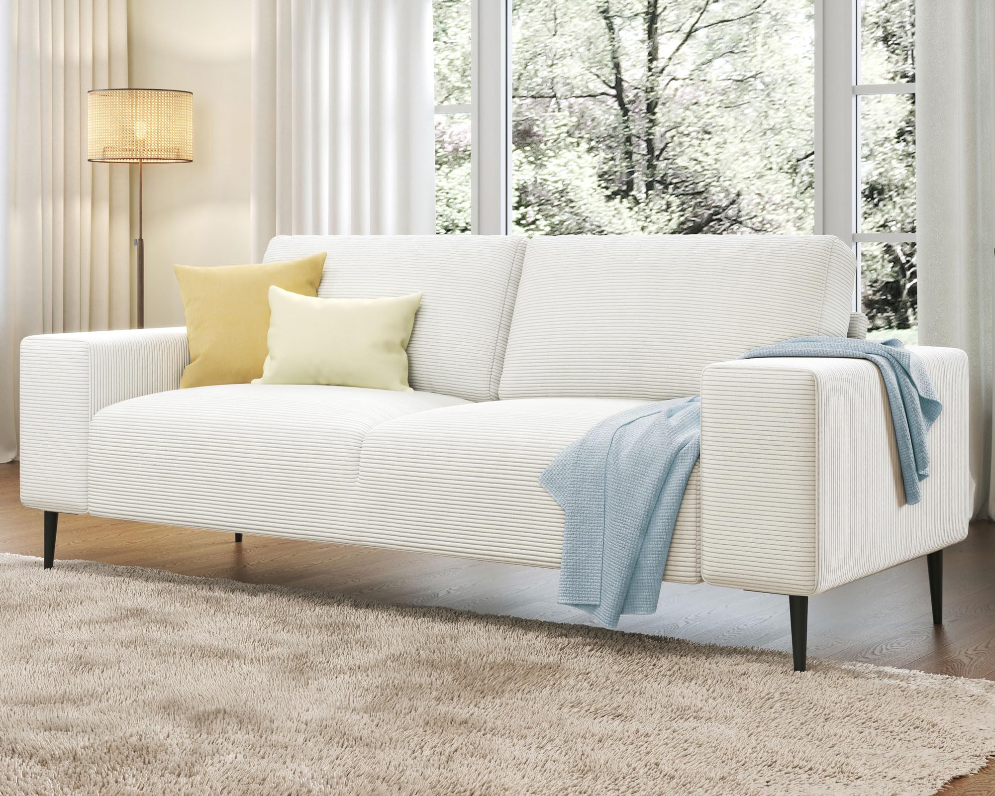 AMERLIFE 89 Inch Oversized Corduroy Sofa - Modern 3 Seater Couch with Deep Seat for Living Room, White | Perfect for Family Gatherings & Cozy Movie Nights