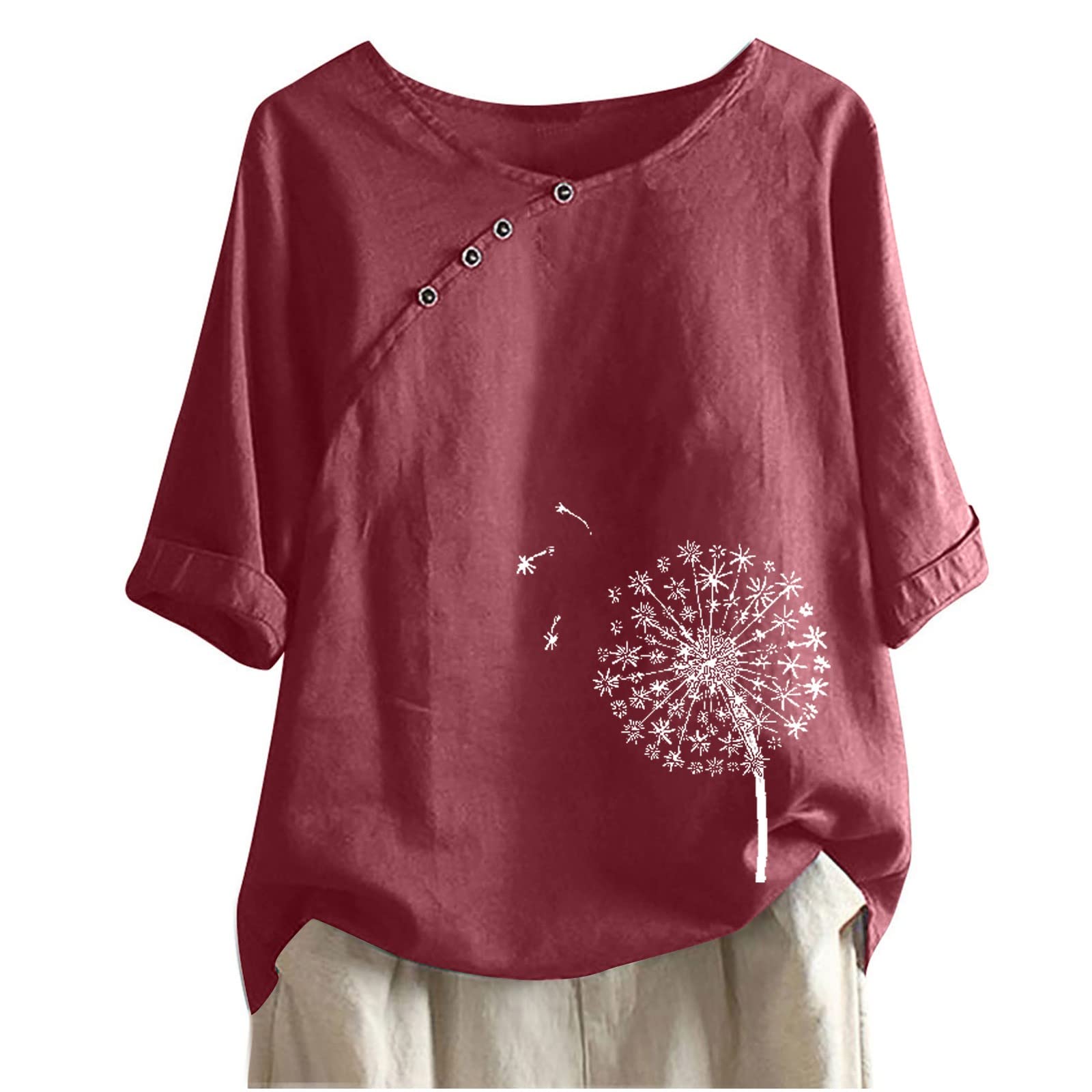 Women's Summer Half Sleeve V-Neck Linen T-Shirt - Casual Side Fit Graphic Tee Blouse for Beach, Travel & Everyday Wear