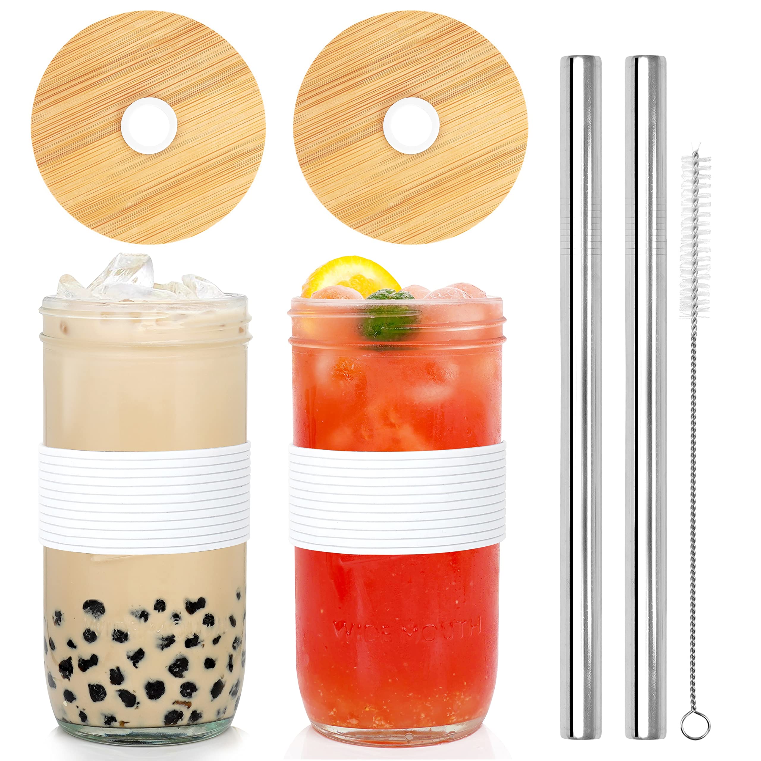 24 oz Mason Jar Tumbler with Bamboo Lid & Metal Straw - Wide Mouth Glass Cups for Iced Coffee, Smoothies, Beer, Boba Tea & Juice - Perfect for Home, Office, Picnics & Outdoor Activities