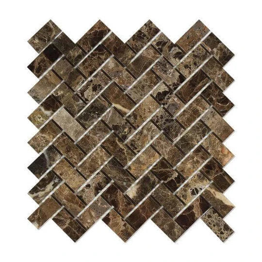 Emperador Dark Marble 1x2 Herringbone Mosaic Tile - Natural Stone Wall & Floor Tile for Bathroom, Kitchen Backsplash, and Shower