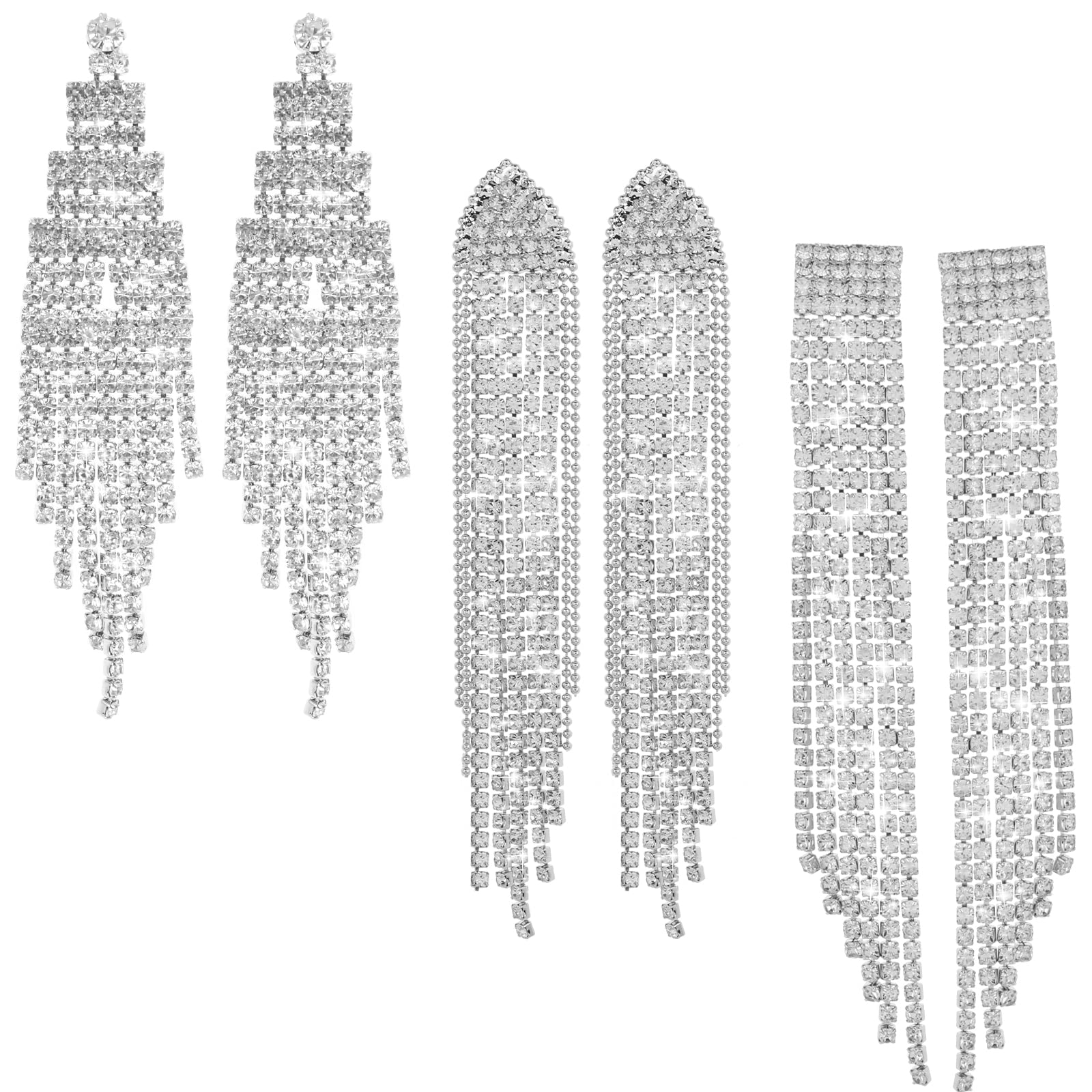 Yolev 3 Pairs Silver Teardrop Crystal Chandelier Earrings - Long Rhinestone Tassel Drop Dangle Earrings for Women, Bridal Jewelry, Party & Evening Wear | Elegant Statement Earrings for Weddings, Prom, Cocktail Events