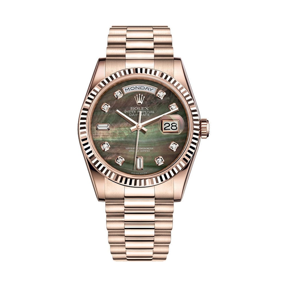 Rolex Day Date 36 118235F 18K Rose Gold Watch with Black Mother of Pearl Diamond Dial - Luxury Dress Watch for Business & Formal Occasions
