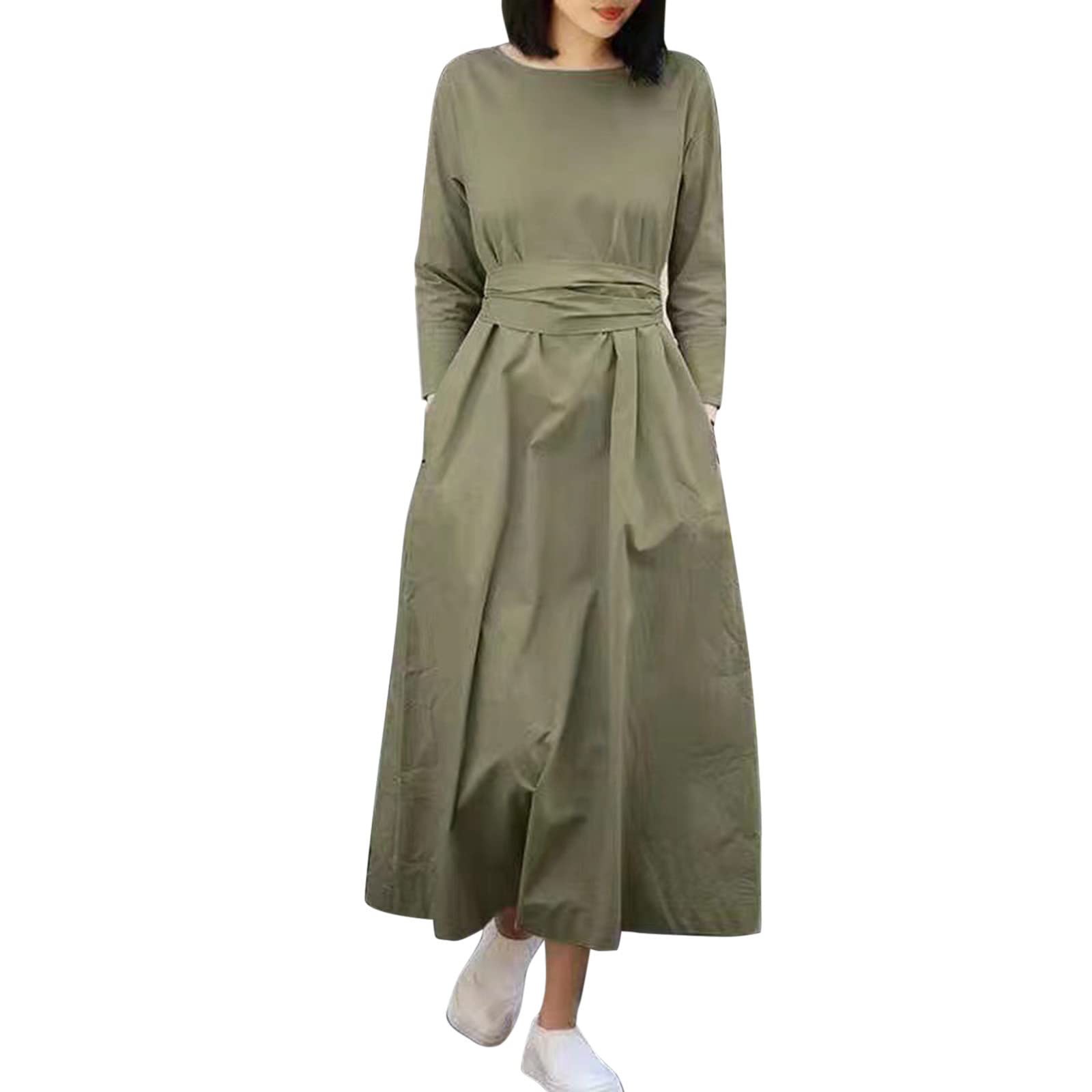 Women's Vintage Loose Fit O-Neck Long Sleeve Dress with Pockets & Belt - Casual Short Sleeve Flowy Dress for Spring/Summer Outfits, Date Night & Office Wear