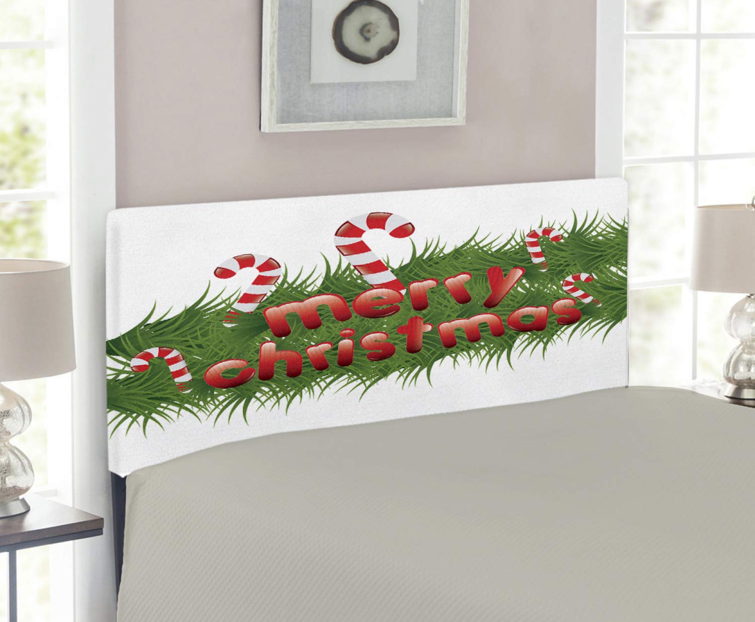 Ambesonne Christmas Headboard - Candy Canes & Abstract Garland Design Holiday Decor, Upholstered Metal Bed Headboard with Memory Foam, Twin Size, Emerald Red - Perfect for Bedroom Holiday Decorations & Festive Seasonal Styling
