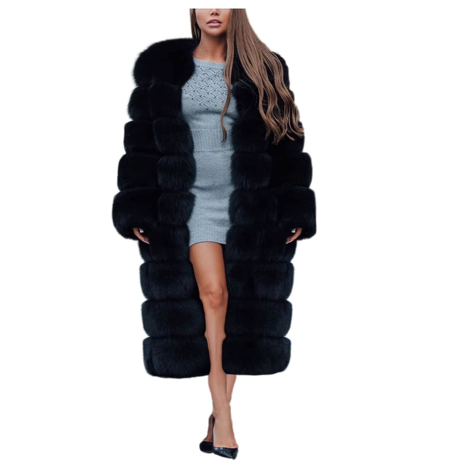 MOKINGTOP Women's Faux Fur Long Coat with Turndown Collar & Sherpa Fleece Lining - Open Front Long Sleeve Cardigan Overcoat for Winter Fashion, Outdoor Activities & Casual Wear