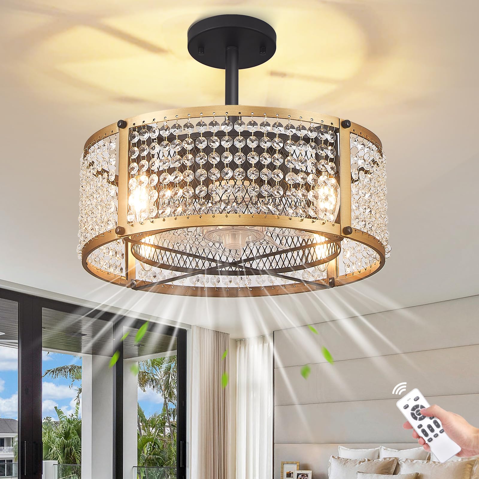 Black and Gold Ceiling Fan with Light & Remote Control - Modern Crystal Flush Mount Fandelier for Bedroom, Living Room, Kids Room - Energy Efficient Cooling & Stylish Lighting for Home Decor