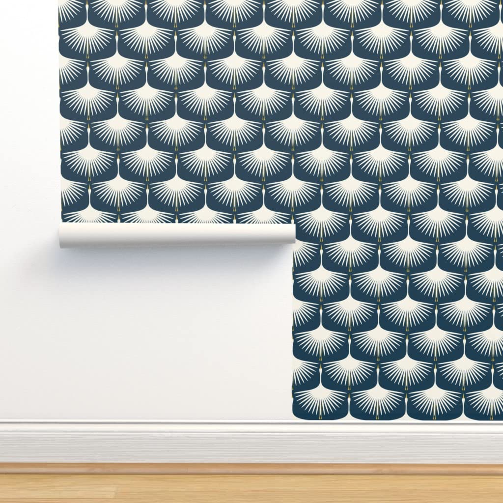 Peel & Stick Wallpaper 9ft x 2ft - Art Deco Navy Blue Traditional Swan Bird Design | Removable Self-Adhesive Wallpaper for Bedroom, Living Room & Home Decor | Easy DIY Installation by Spoonflower