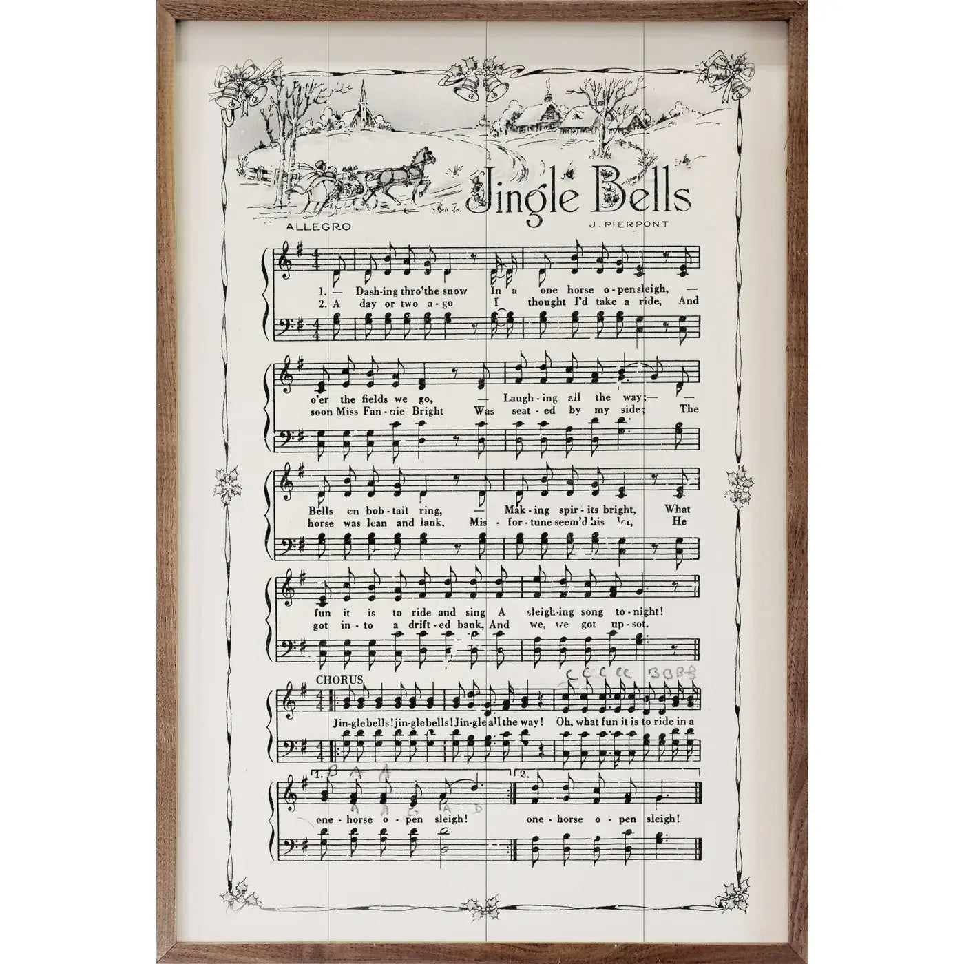 Jingle Bells Sheet Music Wood Framed Print - Christmas Carol Decor for Home, Office & Holiday Party Wall Art