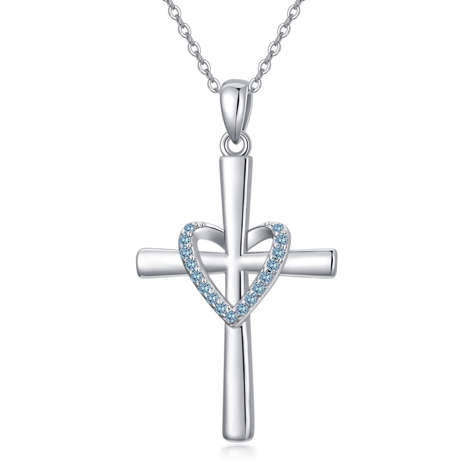 OCJ 925 Sterling Silver Cross Pendant Necklace for Women with Cubic Zirconia & Birthstone - Elegant Religious Jewelry Gift for Birthday, Baptism, Wedding & Everyday Wear