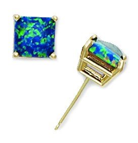 14K Yellow Gold Green Square Simulated Opal Earrings for Women - 4x4mm, 5x5mm, 6x6mm, 7x7mm Sizes | Elegant Jewelry Gift for Birthday, Anniversary & Special Occasions