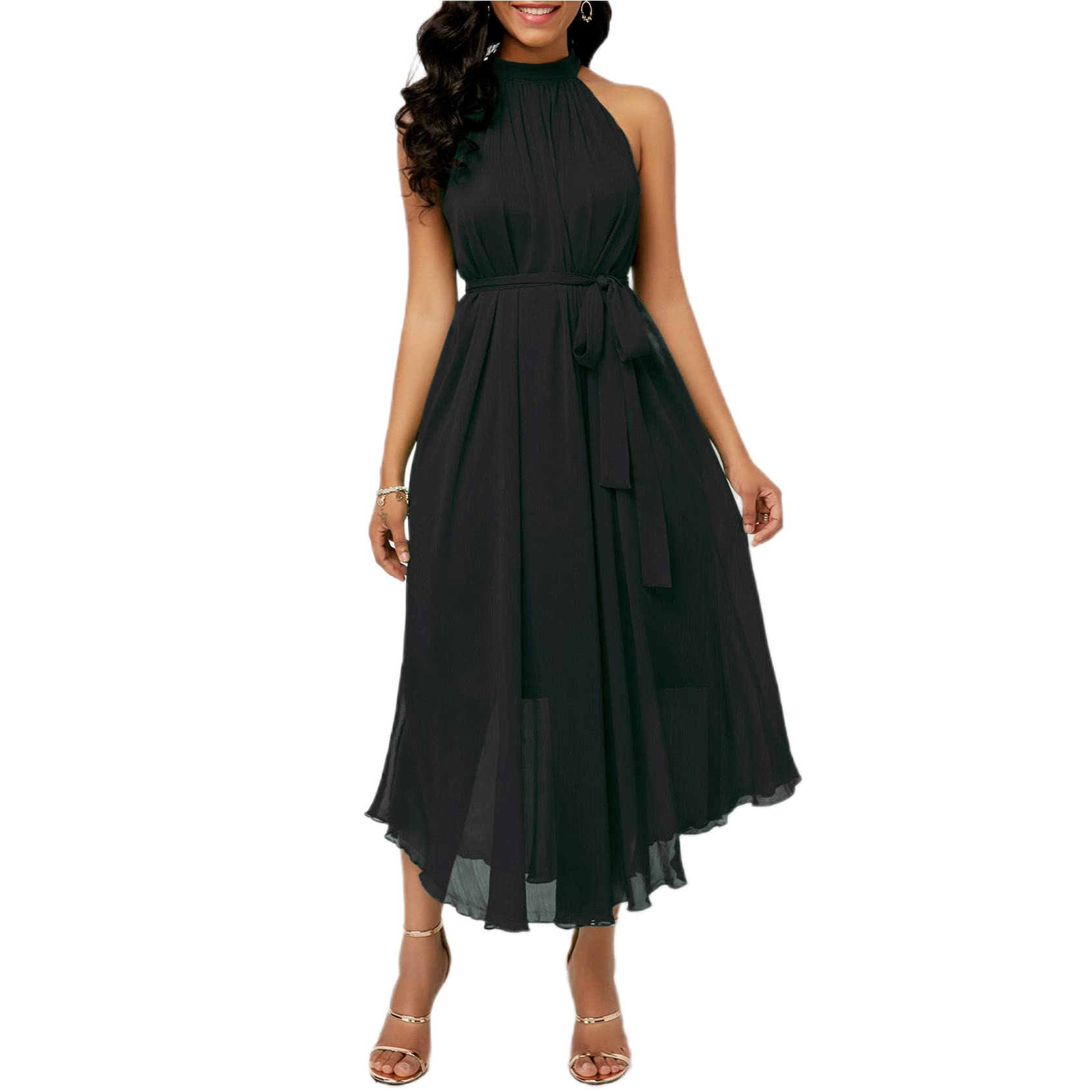 Elegant Flowy Chiffon Midi Dress for Women - Sleeveless Halter Cocktail Dress, Wedding Guest Dress, Evening Party Gown | Perfect for Summer Weddings, Garden Parties & Formal Events