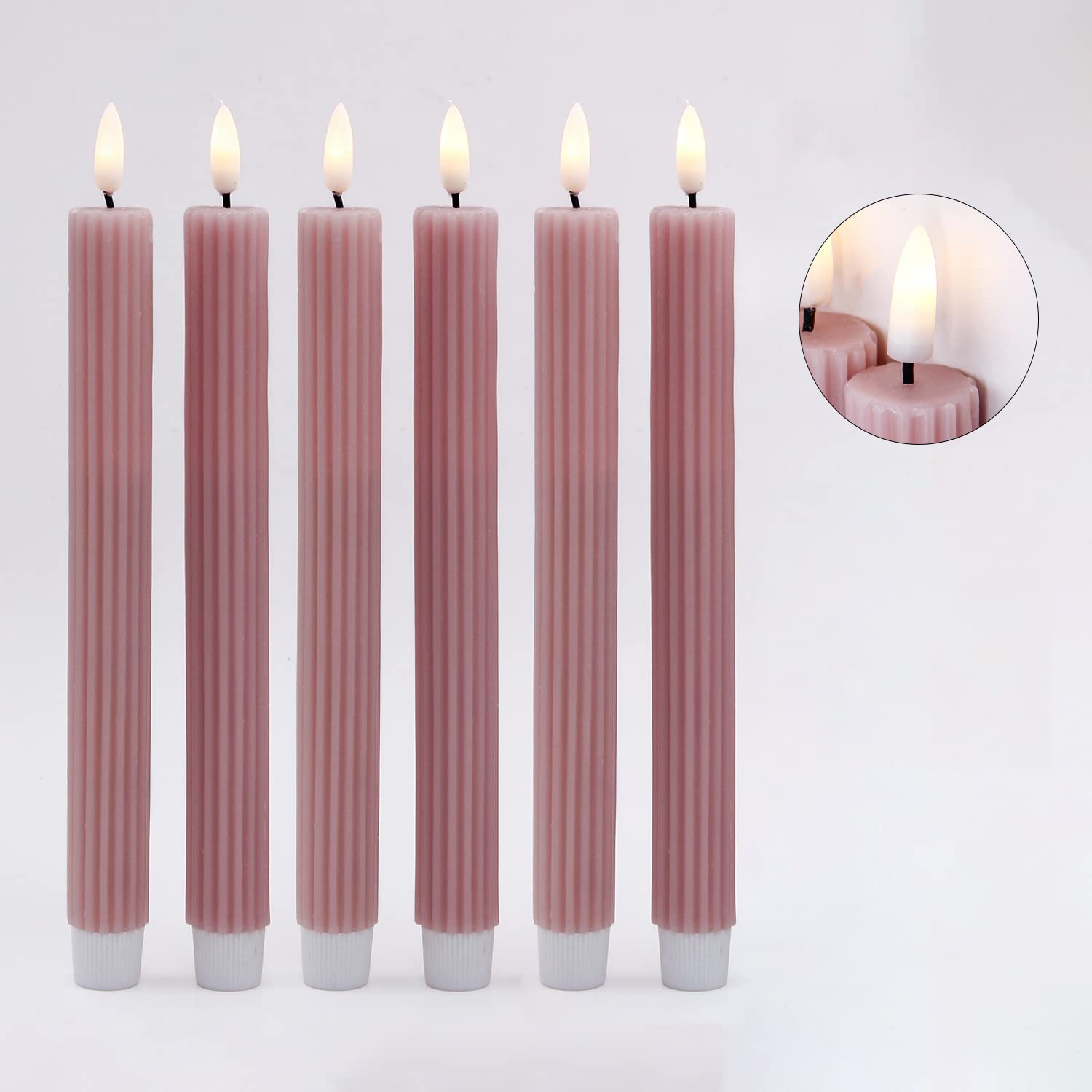 Real Wax LED Taper Candles - 6 Pack 10 Inch Flameless Battery Operated Candlesticks with Flickering Flame Effect, Pink Striped Wedding Decor for Centerpieces, Romantic Dinners & Home Ambiance Lighting