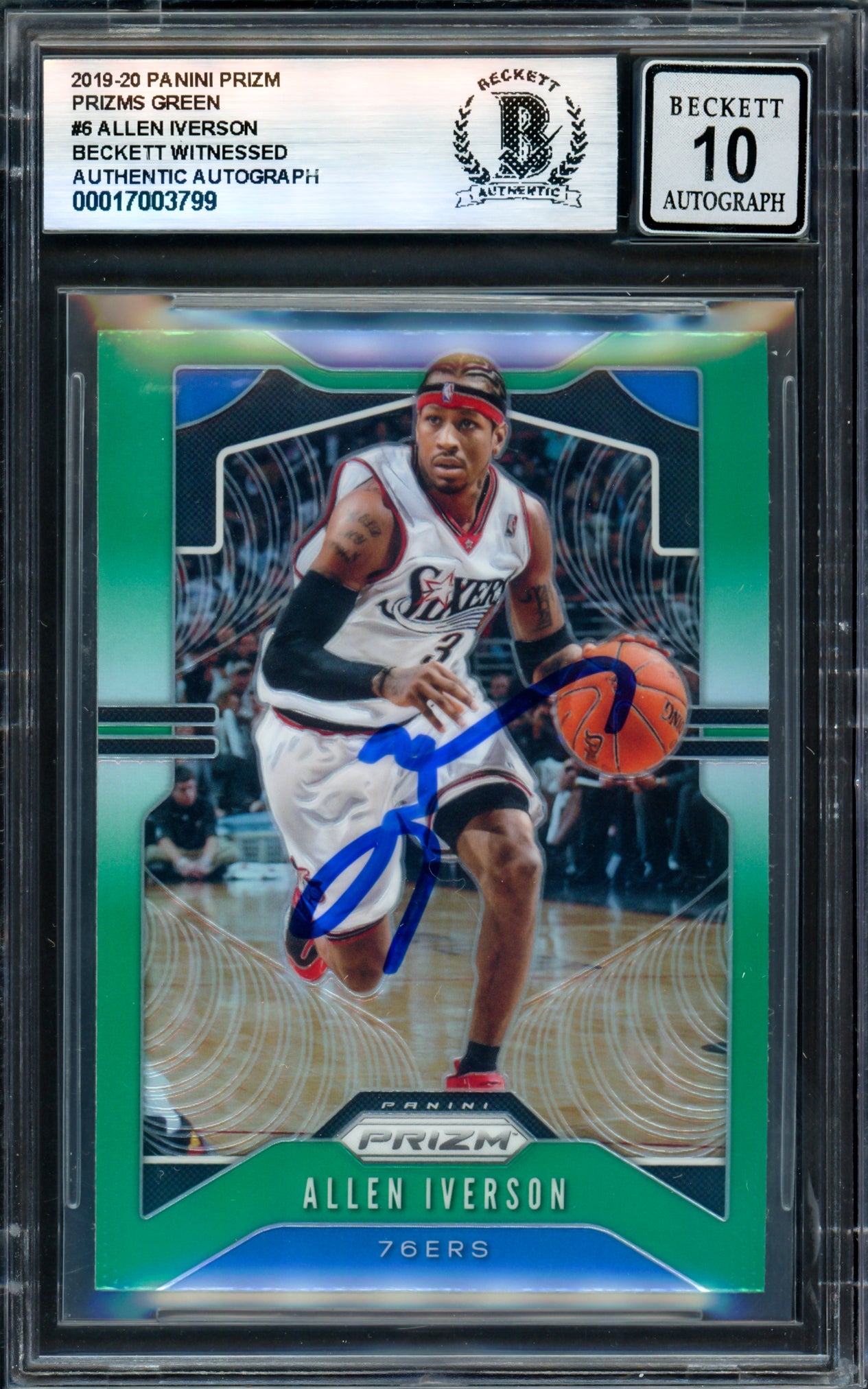 Allen Iverson Autographed 2019-20 Panini Prizm Green Prizms #6 Philadelphia 76ers Basketball Card - Beckett BAS Gem Mint 10 Grade (Witness #17003799) - Perfect for NBA Memorabilia Collectors & 76ers Fans Display