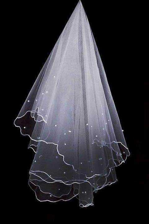 Elegant One-Tier Pencil Edge Tulle Waist Veil with Pearls - CV0389 | Perfect for Bridal Accessories, Wedding Ceremonies & Special Occasions