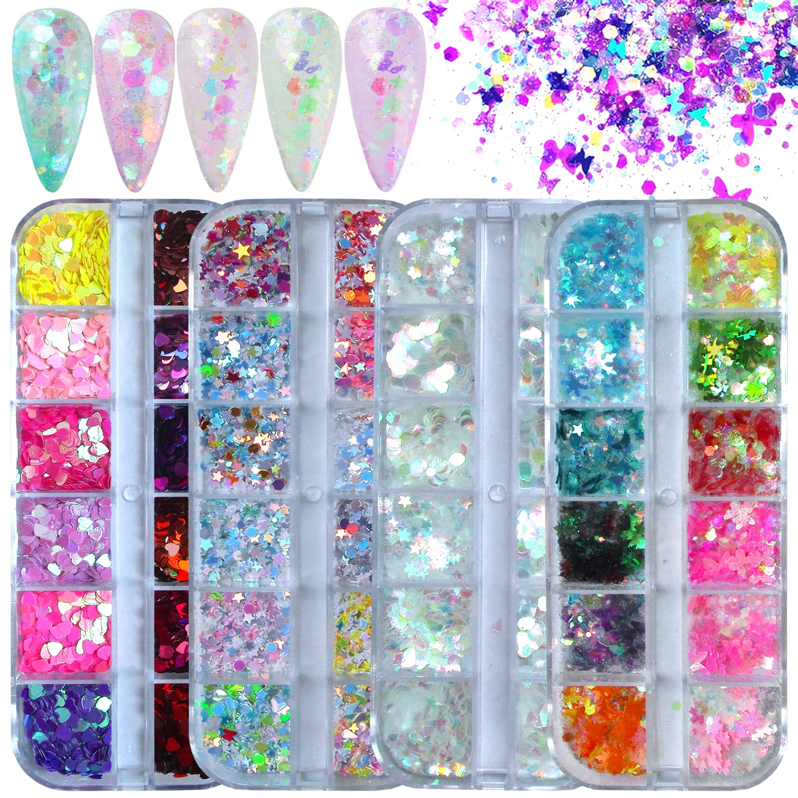 Iridescent White Nail Glitter - 4 Boxes Mylar Flakes with Holographic Stars, Hearts & Flowers | Confetti Sequins for Nail Art, Resin Crafts & Makeup | Perfect for DIY Manicures, Party Decor & Gift Wrapping