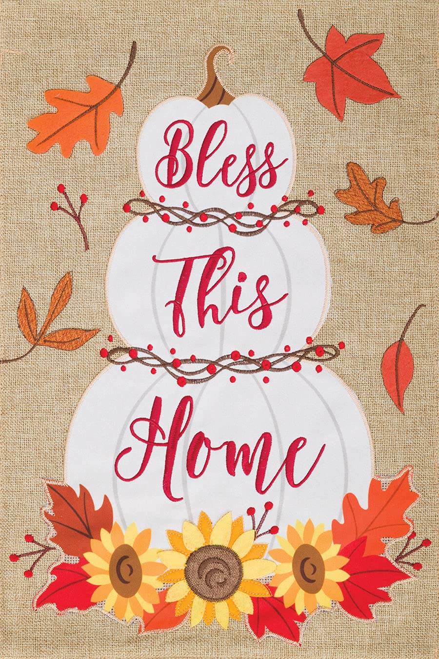 White Pumpkins Bless This Home - Double Sided Embroidered Burlap Decorative Garden Flag for Fall Porch & Yard Decor