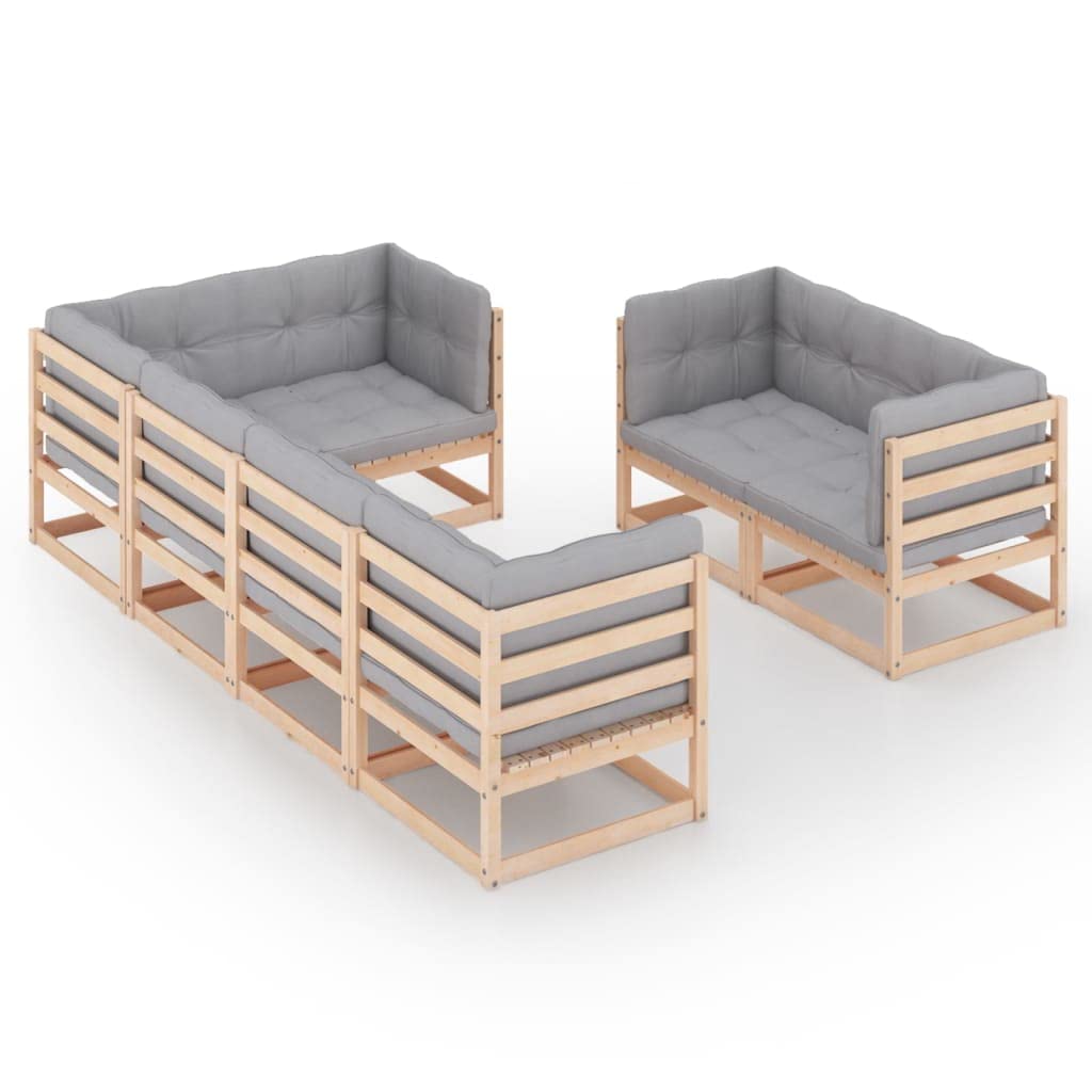 vidaXL 7-Piece Solid Pinewood Patio Lounge Set with Gray Cushions - Easy Assembly Outdoor Furniture - Customizable Configurations for Backyard, Poolside & Garden Relaxation