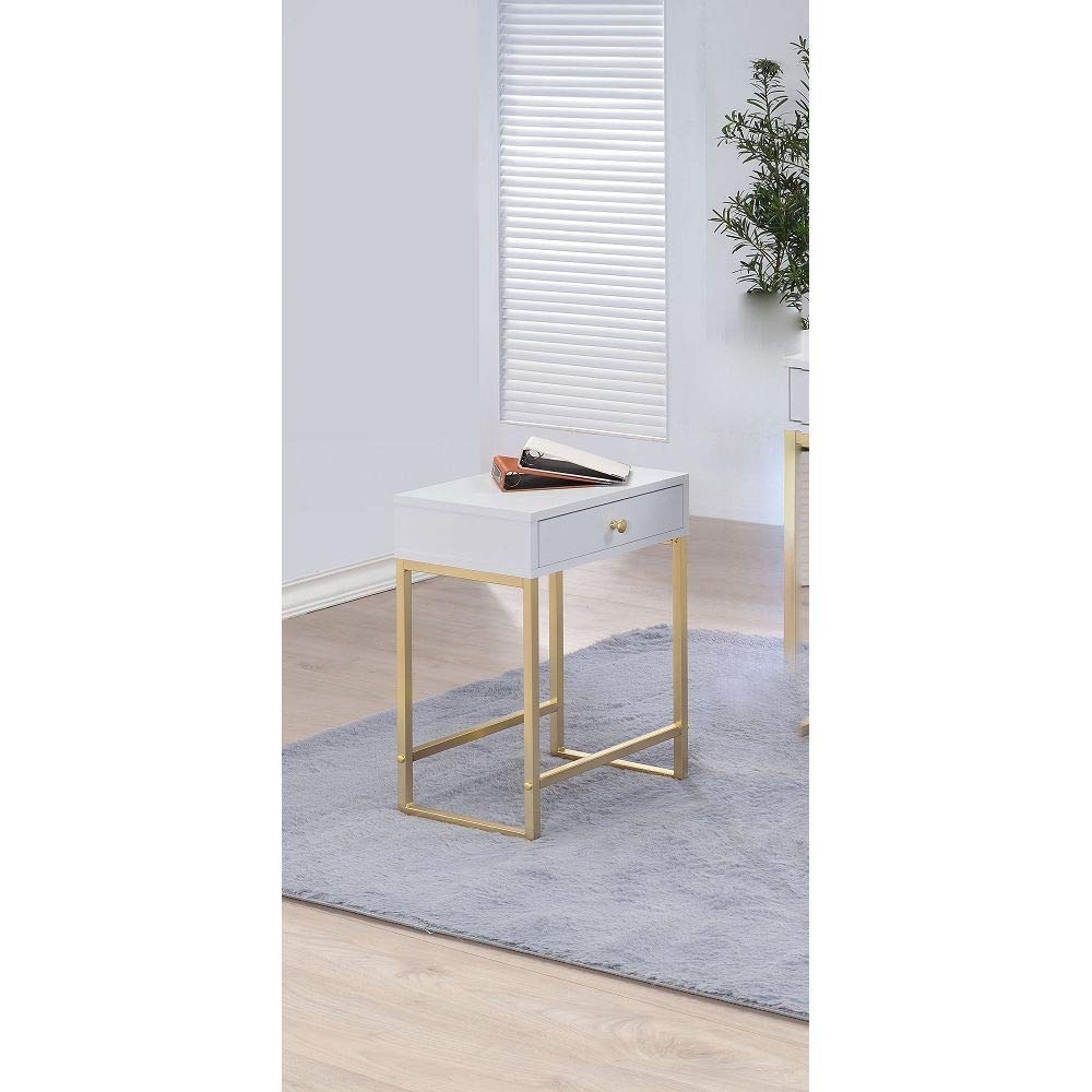 PovKeever Coleen White & Brass Side Table 82298 - Modern End Table for Living Room, Bedroom, or Office Decor