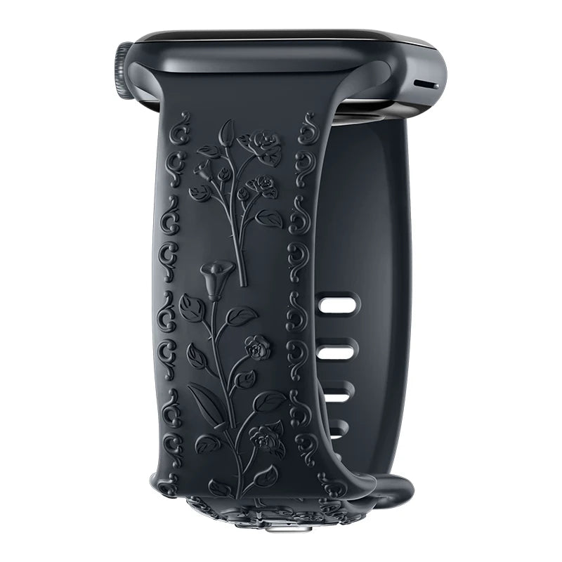 Botanical Bliss Engraved Silicone Band for Apple Watch Series 8/7/6/SE - Soft Comfortable Strap with Floral Design - Perfect for Workouts, Running & Everyday Wear (Black)