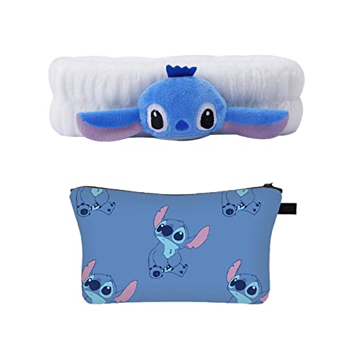 G-Ahora Stitch Cosmetic Bag with Headband - Disney Stitch Makeup Pouch Travel Organizer for Women & Girls - Cute Storage Case for Cosmetics, Toiletries, Jewelry - Perfect for Travel, Gym, Beach & Daily Use (MUHB-Stitch)