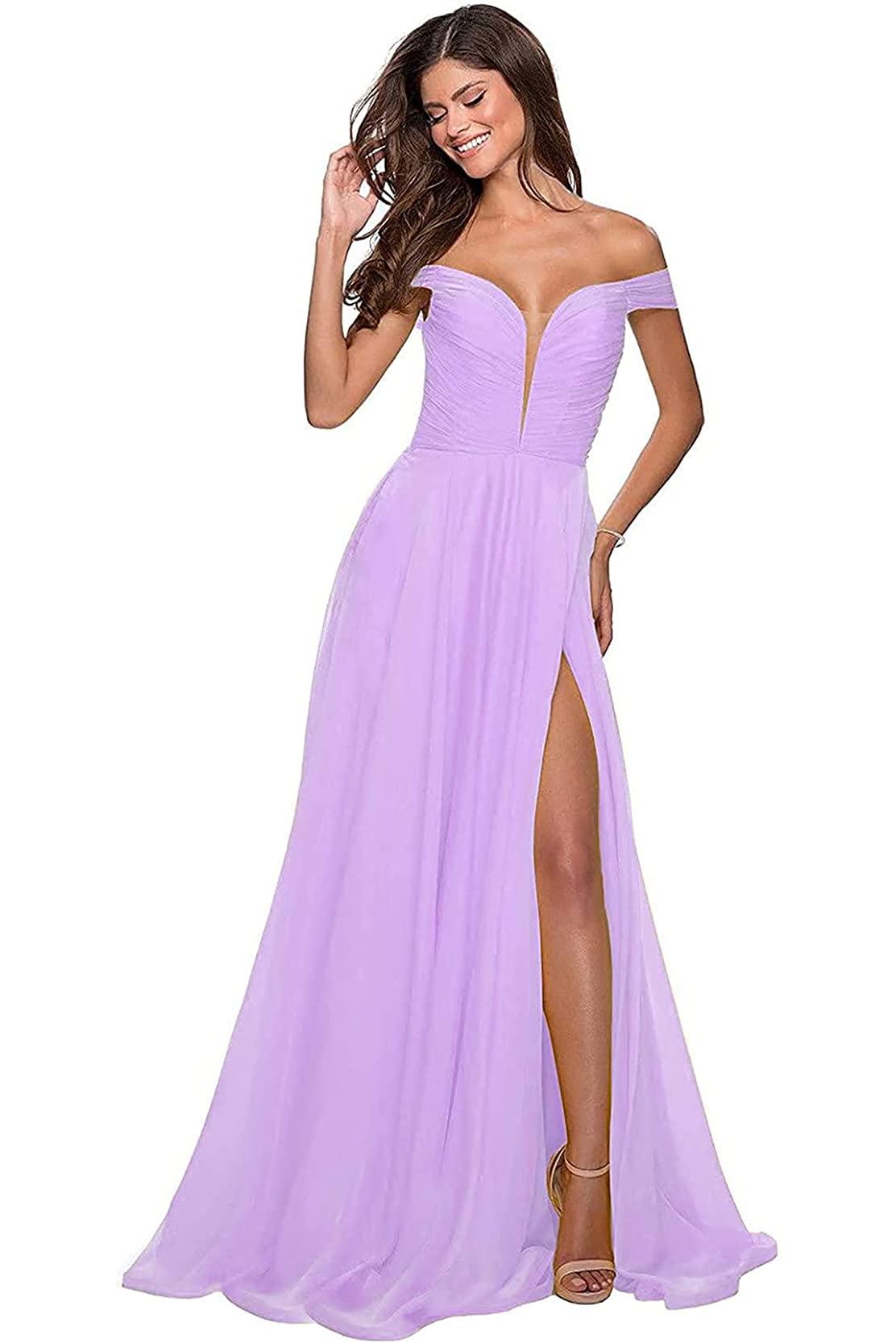 Elegant Long Chiffon Off Shoulder V-Neck Bridesmaid Dress for Wedding Guest, Evening Prom & Formal Party Gowns | Perfect for Bridal Shower, Cocktail Reception & Special Occasions