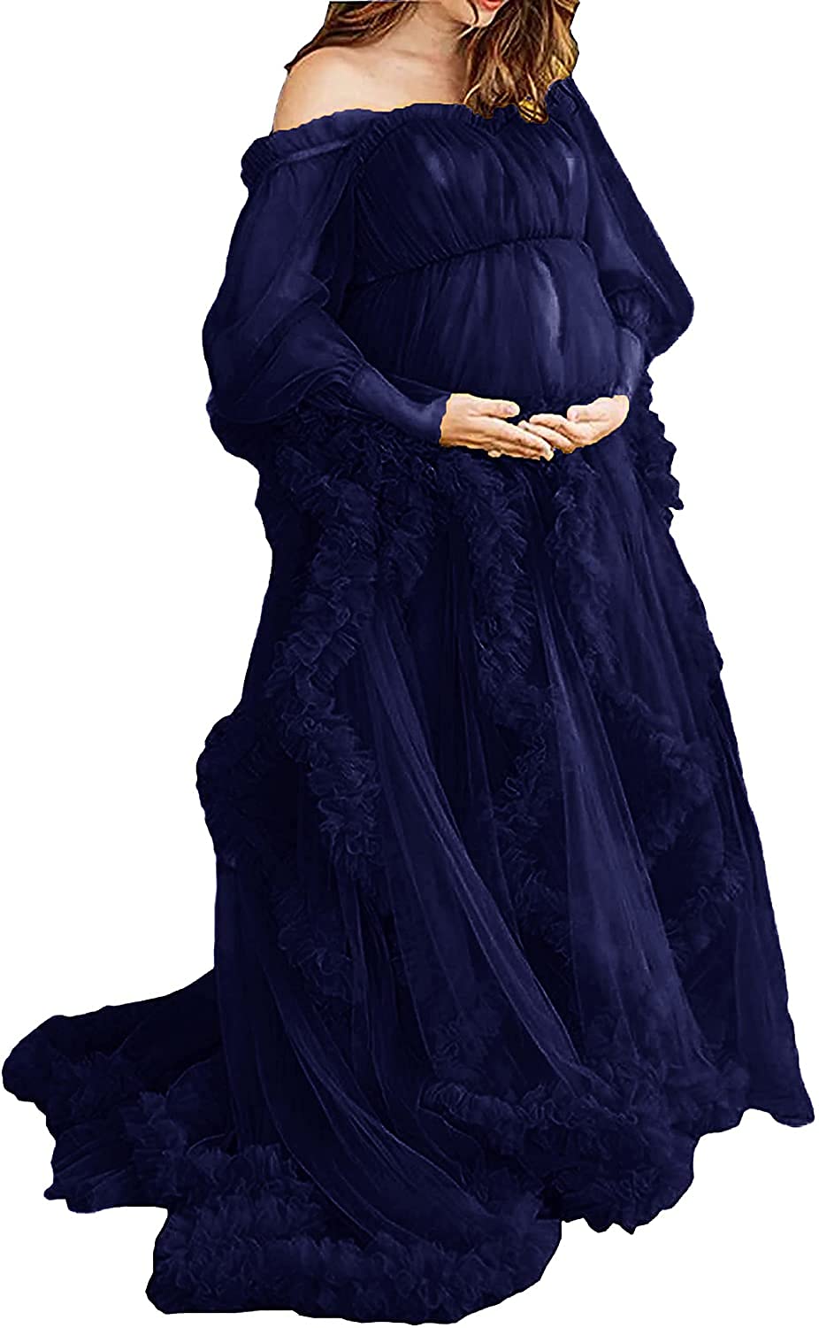 Hecate Women's Sexy Maternity Dress - Elegant Sleeveless Tulle Gown with Ruffle Details for Wedding, Bridal Shower & Maternity Photoshoot | Comfortable Pajama Style for Pregnancy & Special Occasions