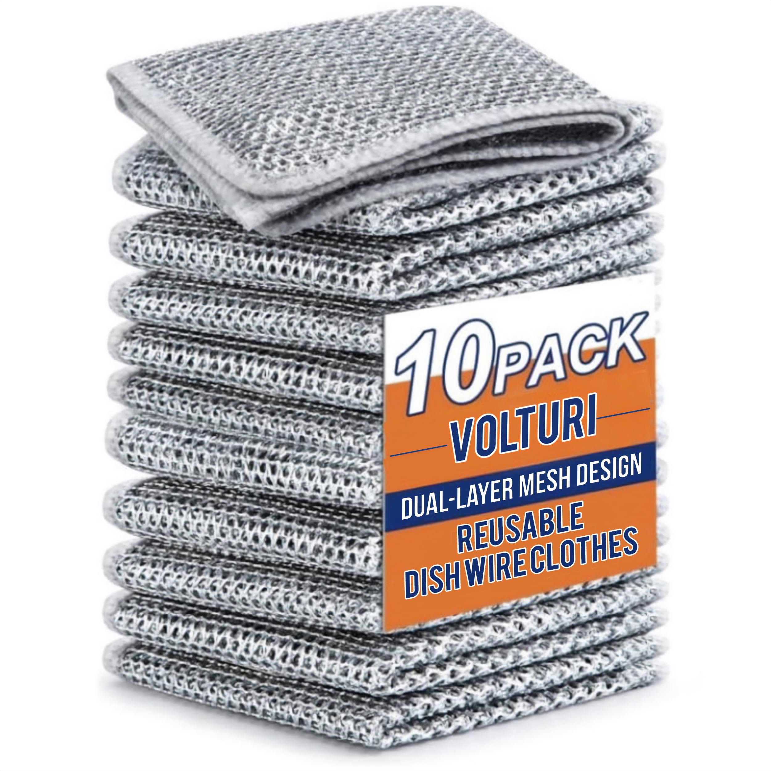 VOLTURI Non-Scratch Stainless Steel Dish Scrubber (10-Pack) - Heavy Duty Wire Scouring Pads for Pots, Pans, Utensils & Kitchen Cleaning - Wet/Dry Use for Dishes, Sinks, Countertops - Rust-Resistant & Durable for Daily Kitchen Cleaning Tasks