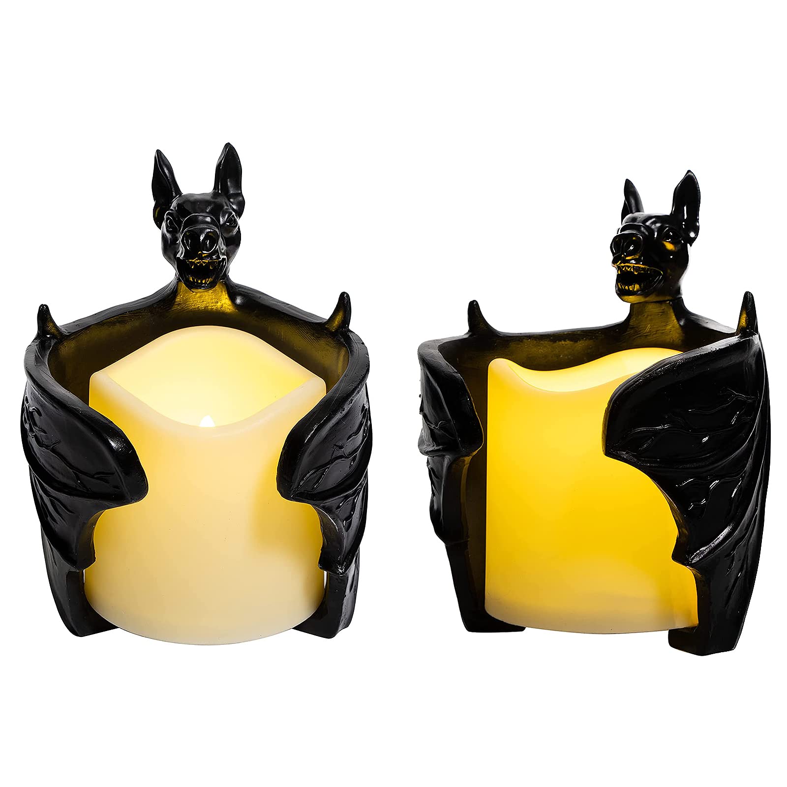 Spooky Bat Wall Flickering LED Candles - Large Flameless Battery Operated Wax Candles with Bats Wings Decor Set (Includes Screws & Anchors) - Perfect for Halloween Decor, Witch Party Supplies & Scary Holiday Gifts