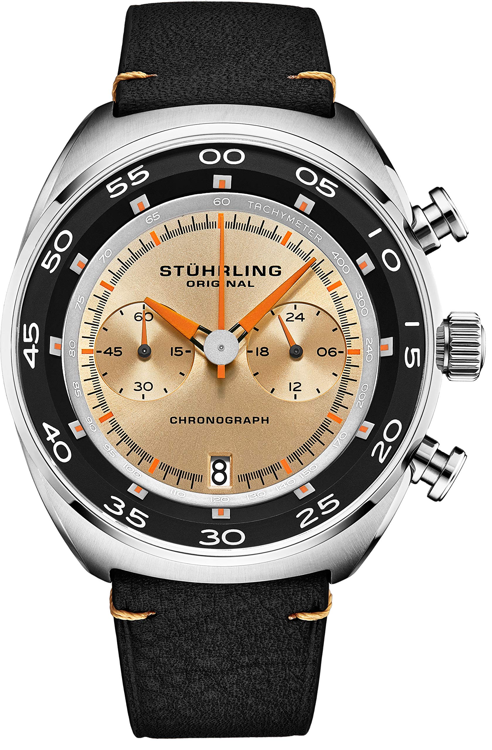 Stuhrling Original Men's Chronograph Watch with Date, Genuine Leather Strap & Stainless Steel Case - Tachymeter & 24-Hour Subdial Analog Dress Watch for Business, Formal Occasions & Everyday Wear