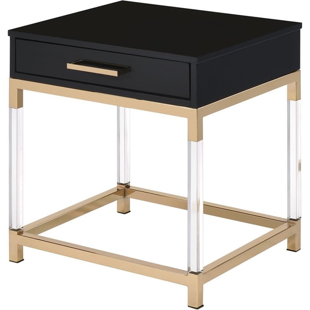 Acme Adiel Rectangular Wooden End Table with Storage Drawer - Black & Gold Nightstand for Bedroom, Living Room & Office