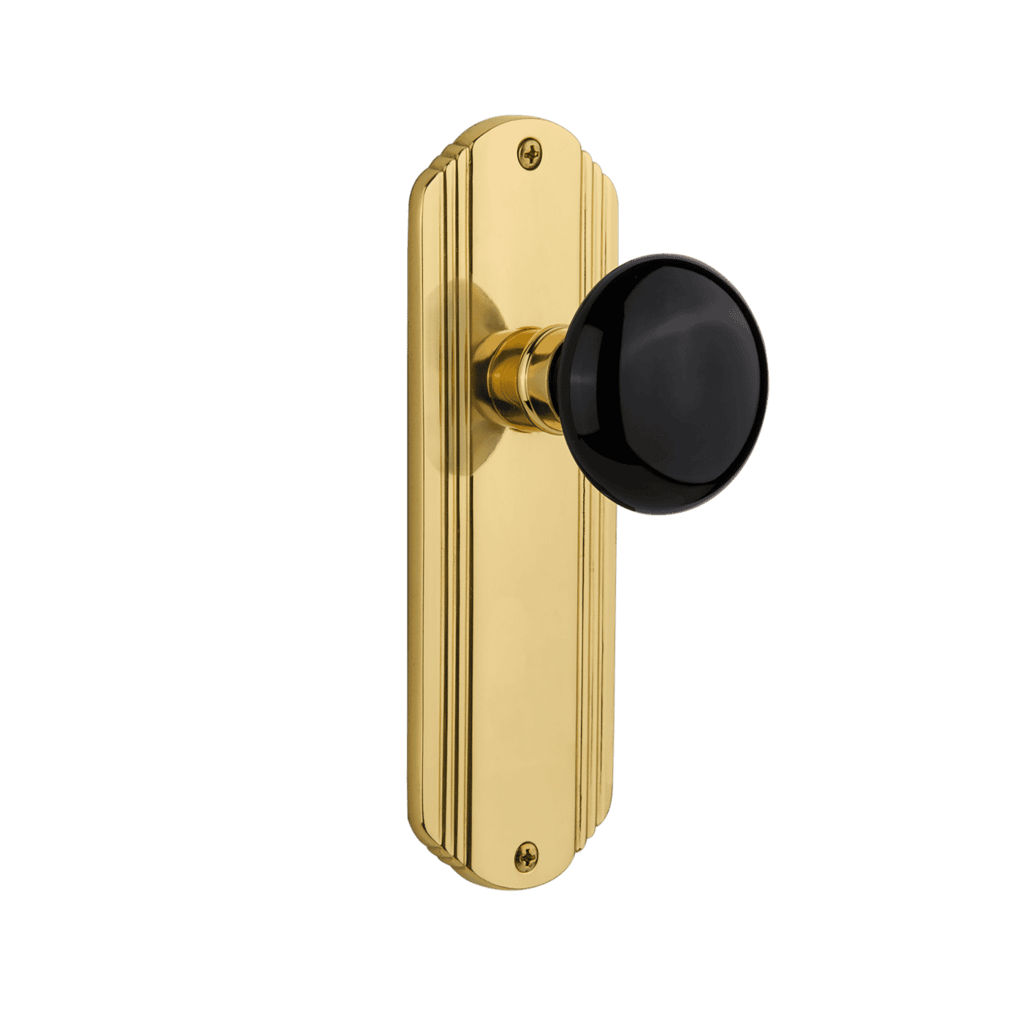 Vintage Style Deco Long Plate with Black Porcelain Knob - Unlacquered Brass Cabinet Hardware for Kitchen & Bathroom Renovation