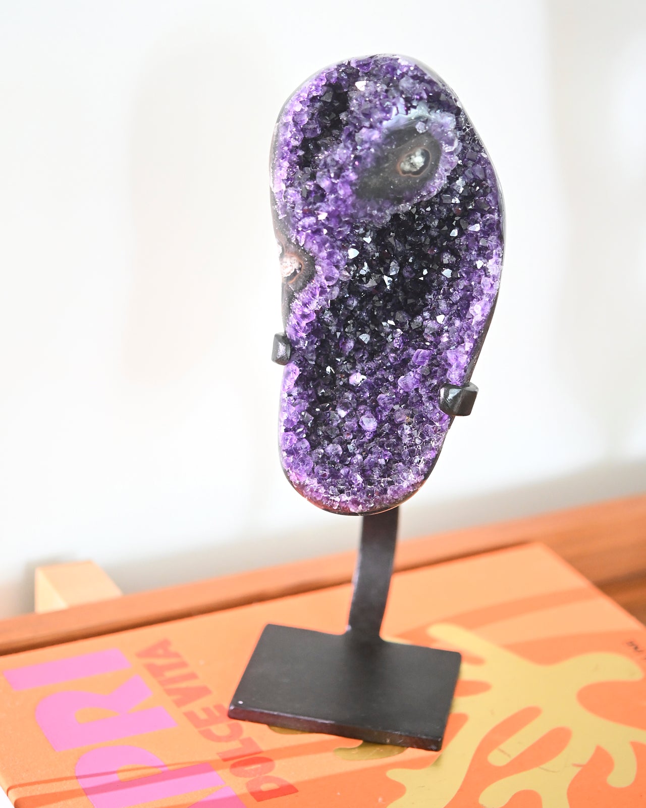 Natural Amethyst Crystal Geode on Wooden Stand - 3.8lbs Healing Stone for Home Decor, Meditation & Spiritual Gifts